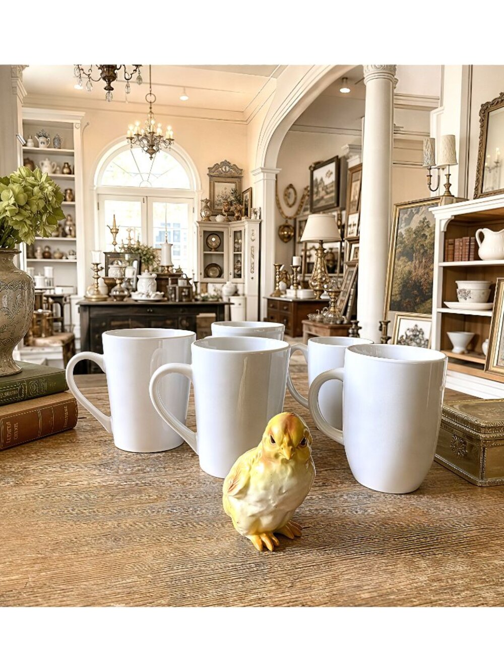 5 White Ceramic Coffee Mugs + Vintage Baby Chick Figurine Easter Spring Decor